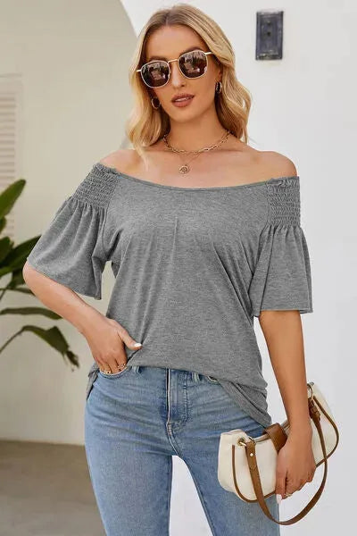 Smocked Round Neck Flutter Sleeve T-Shirt Women's T-Shirts - Tophatter Daily Deals